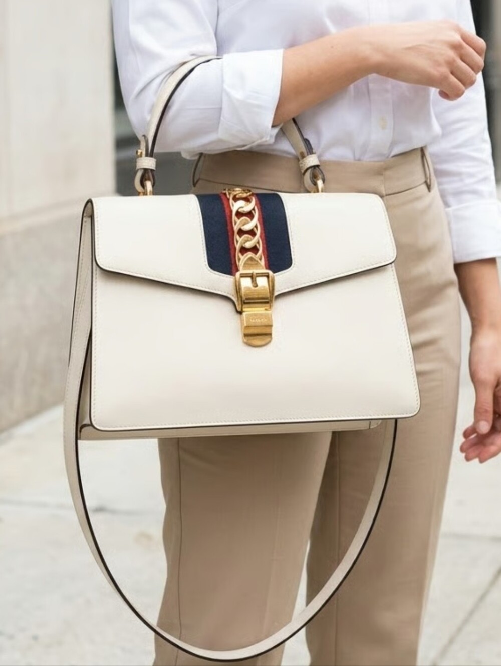 Gucci Cream Leather Top-Handle Satchel with Gold Chain and Navy/Red Stripe